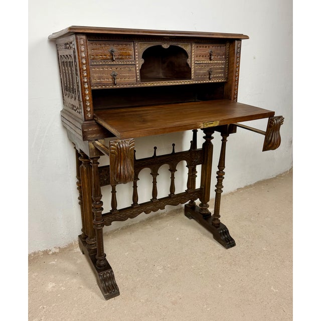 Spanish Carved Wood Bargueño with Figural Decoration, 1940 For Sale - Image 3 of 14