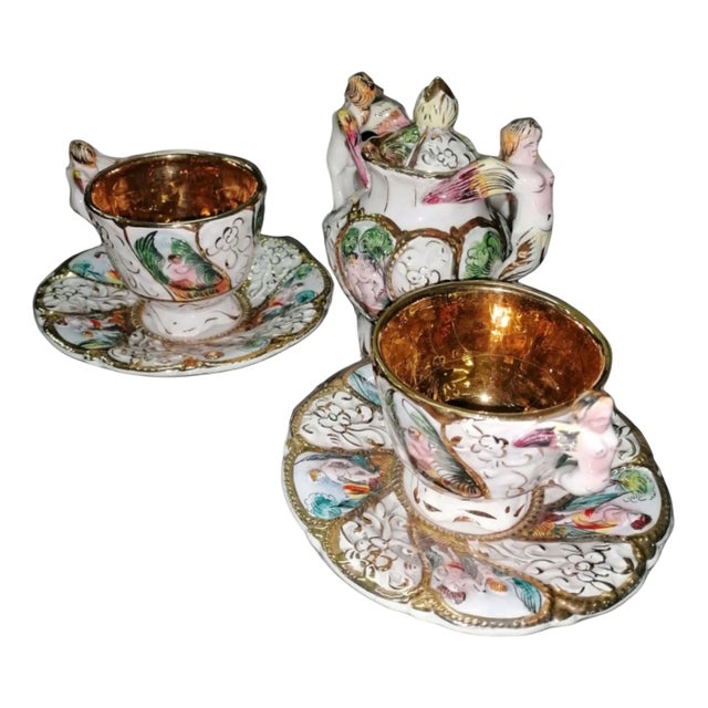 Tea and Coffee Service in Capodimonte Porcelain and Pure Gold, Set of 3 For Sale