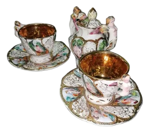Tea and Coffee Service in Capodimonte Porcelain and Pure Gold, Set of 3