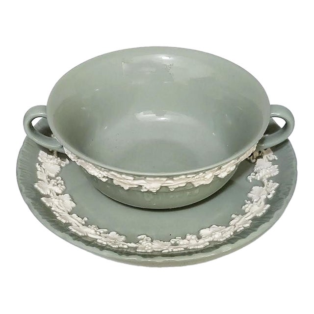 Wedgwood Queens Ware Flat Cream on Celadon Two Handle Cream Soup Bowl & Saucer For Sale