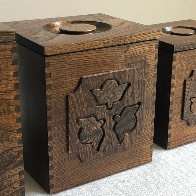 Farmhouse 1976 Sears Roebuck & Co. Carved Wood Kitchen Canisters- Set of 4 For Sale - Image 3 of 12