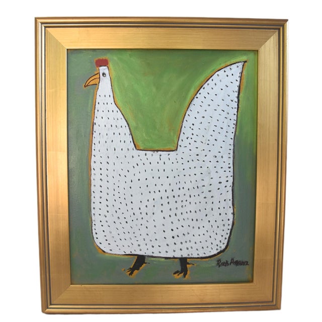 2020s Folk Art Chicken Hen Painting by Ruth Arenz Including the Antiqued Gold Wood Frame For Sale - Image 5 of 5