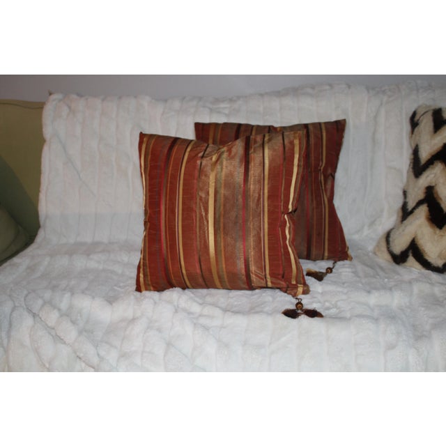 2010s Pair Golden/Copper Striped Taffeta Pillows With Tassels For Sale - Image 5 of 5