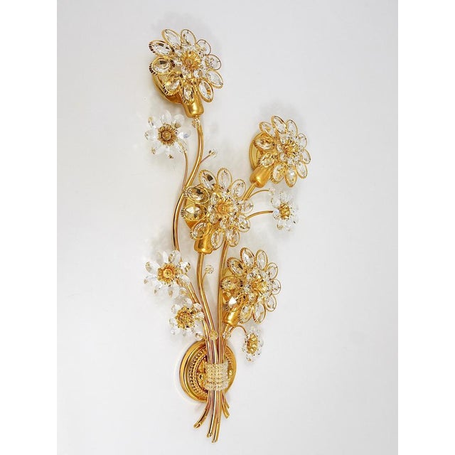 Large Gilt Brass & Crystals Flower Wall Light from Palwa, 1970s For Sale - Image 3 of 17