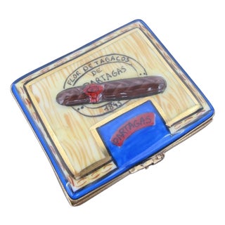 Limoges France Rochard Porcelain Cigar Tobacco Trinket Box With Removable Cigar For Sale