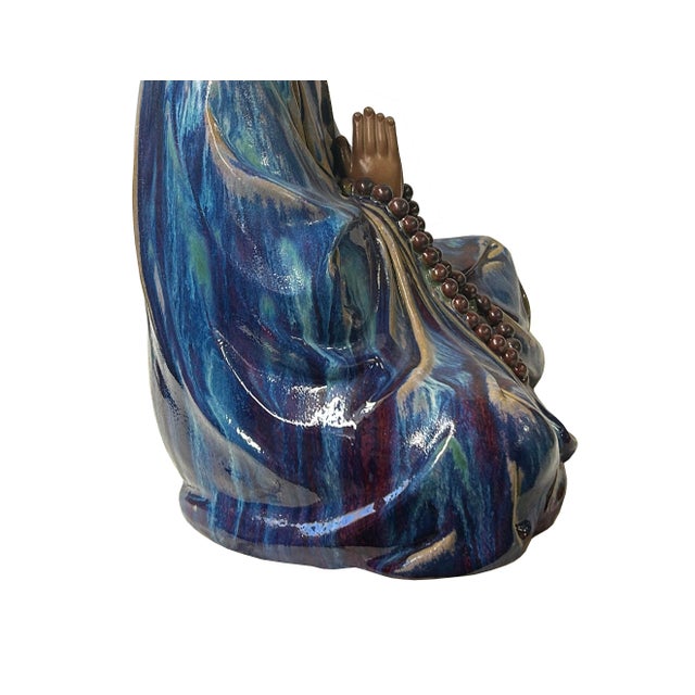 Ceramic Fine Chinese Shiwan-Style Ceramic Luohan Amitabha in Deep Sea Glaze For Sale - Image 7 of 13