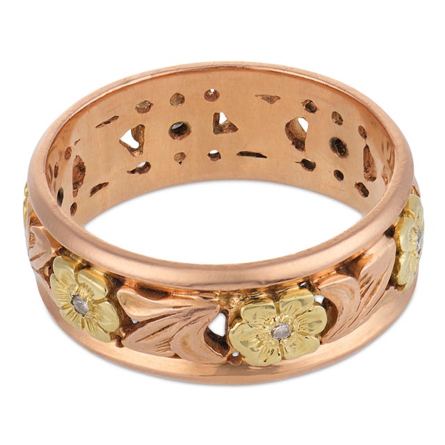 Mid-Century Modern 1940s Retro Diamond 14k Rose and Yellow Gold Floral Band, Size 9 For Sale - Image 3 of 5