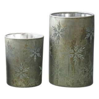 Etched Snowflake Mecury Glass Candle Holder (Set of 2) For Sale