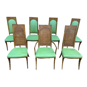 Mid 20th Century Set of 7 Mid Century Klismos Double Cane Back Dining Chairs in Bird’s - Eye Maple Mohair