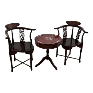 1960s Set of Chinese Rosewood Round Table With 2 Corner Chairs