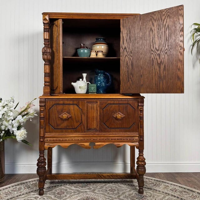 Antique 1920s Jacobean Art Deco Oak Cabinet For Sale - Image 9 of 10