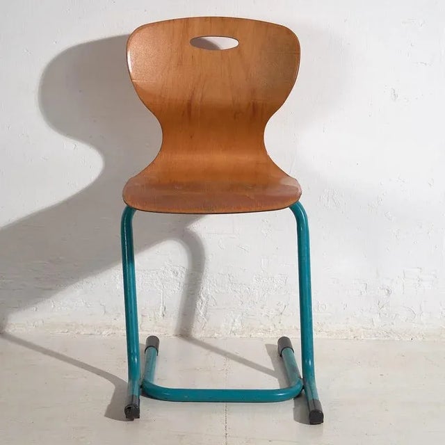 Vintage Turquoise Blue School Chairs, 1950, Set of 4 For Sale - Image 9 of 10
