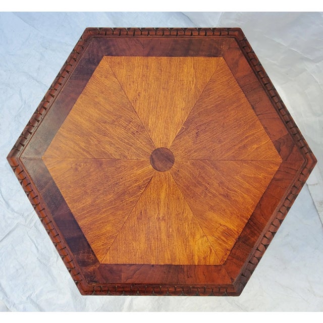 1920s Angel / Cherub Carved Burl Walnut Hexagon Side Lamp Accent Table 1920's For Sale - Image 5 of 13