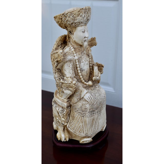 Ivory Vintage Emperor Resin Statue Chinese Faux Ivory Carved Figurine Dragon Throne For Sale - Image 8 of 15