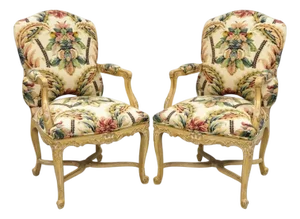 Vintage French Country Louis XV Style Carved Wood Lounge Arm Chairs - A Pair