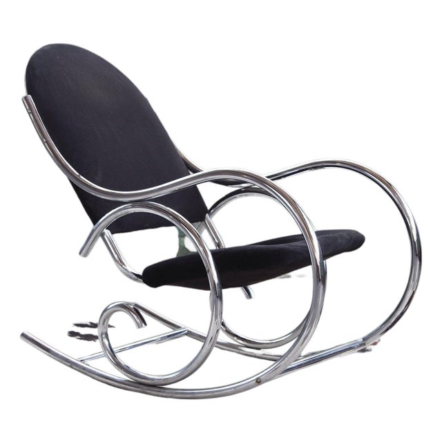 70s Sculptural Chrome + Black Velour Rocking Chair Rocker Manner Milo Baughman For Sale