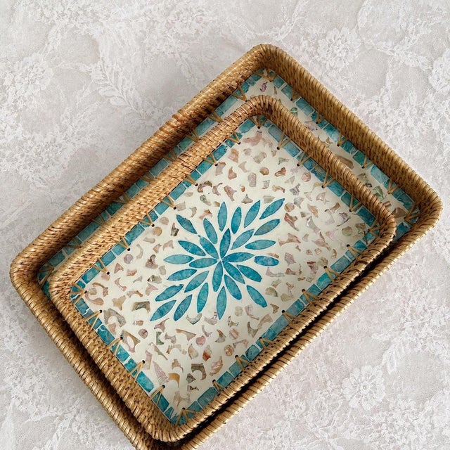 Arts & Crafts A Set of Two Rectangular Trays With Blue Floral and Leaf Patterns Rattan and Mother-of-Pearl Inlays For Sale - Image 3 of 5