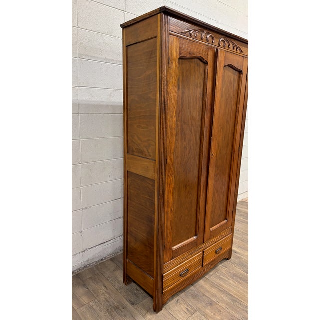 Antique Tiger Oak Carved Victorian Armoire Wardrobe Closet For Sale - Image 11 of 12