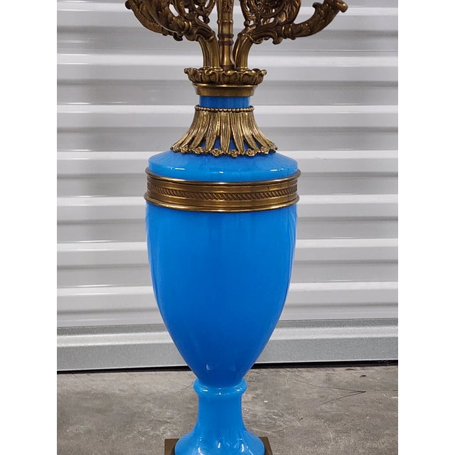 French Antique French Blue Opaline Glass & Bronze Candelabra Table Lamp For Sale - Image 3 of 16