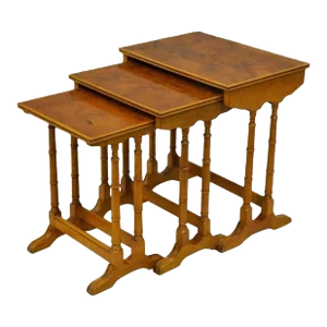 Vintage English Georgian Style Faux Bamboo Yew Wood Nesting Side Tables - Set 3