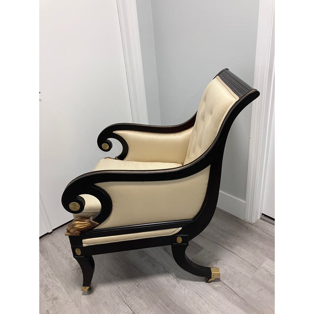 Baker Regency-Style Armchair in original ivory satin from a boutique series produced by Baker Furniture, circa 1970s....