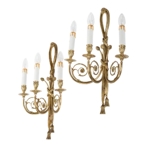 1940s Brass Candelabra Style 3-Light Wall Sconces - a Pair