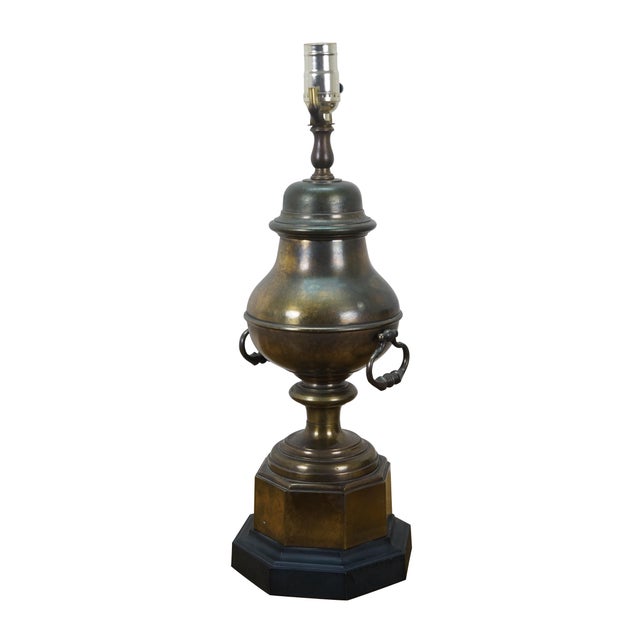 Mid to late 20th century Empire style brass table lamp in the shape of a Samovar or lidded urn with bail handles on a...