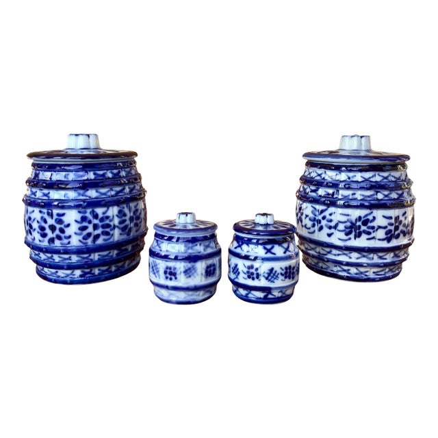 Set of Four Vintage 1980s Porcelain Lidded Canisters Hand-Made and Painted in Brazil For Sale