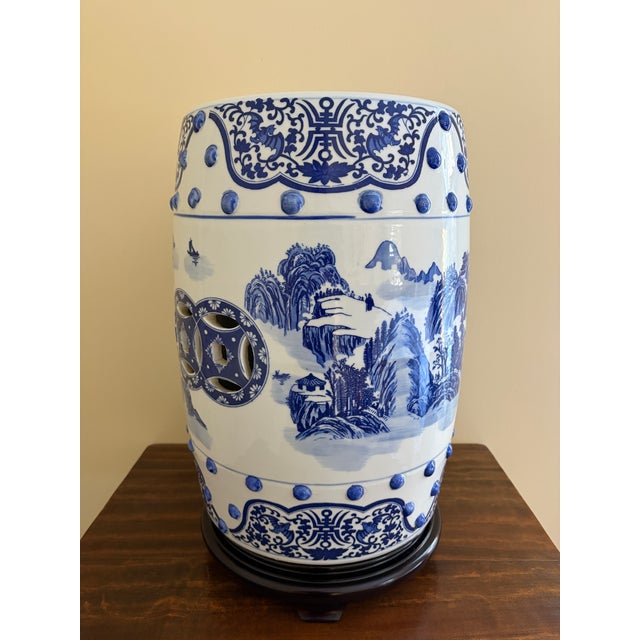 Late 20th Century Chinoiserie Blue and White Porcelain Garden Stool or Side Table on Wooden Stand For Sale - Image 9 of 12
