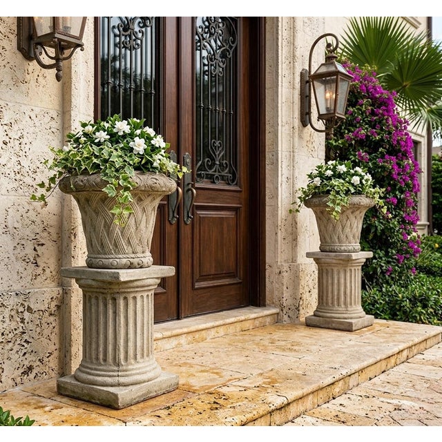 Stone Gray Pair of Vintage Basketweave Cast Stone Planters For Sale - Image 8 of 8