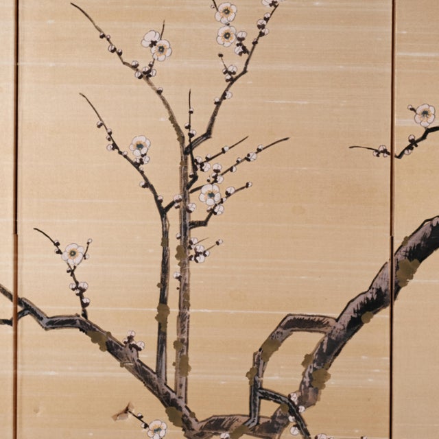 Wood Mid-20th Century Byobu Japanese Hand Painted Silk "Ancient Tree in Winter" 4-Panel Folding Screen Very Good + Front & Good + Back For Sale - Image 7 of 11