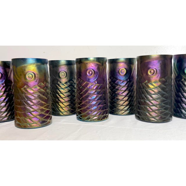 Up for sale is a set of eight tall hand-blown John Cook koi fish iridescent cobalt glass tumblers. Each tumbler is signed...