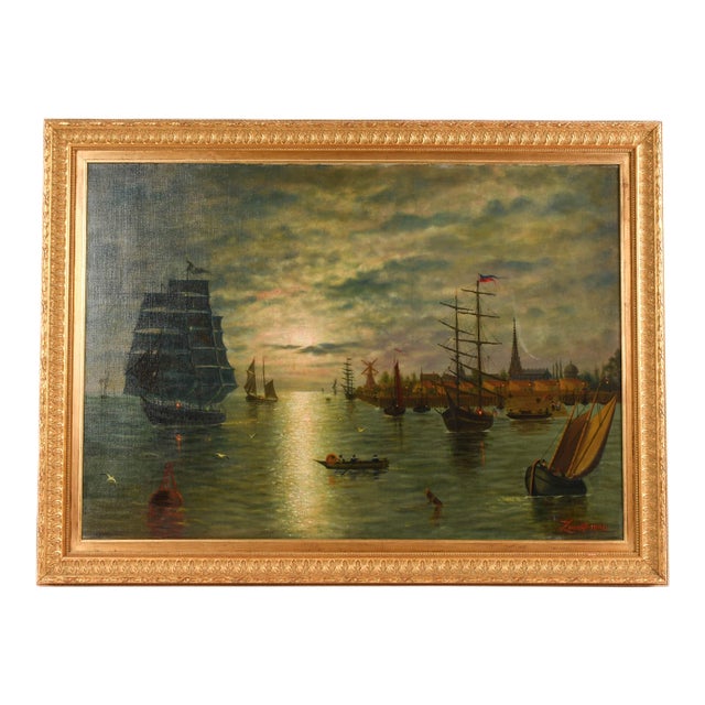 Framed Signed Zwartmond Harbor Scene Oil on Canvas For Sale