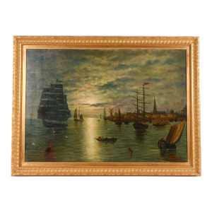 Framed Signed Zwartmond Harbor Scene Oil on Canvas