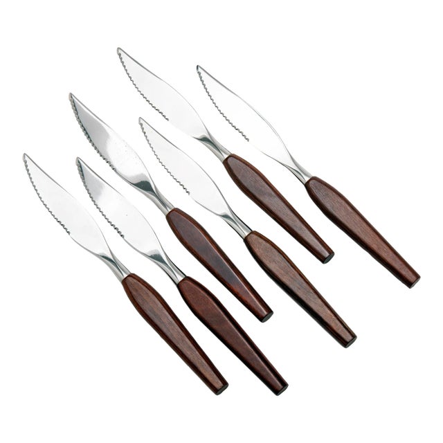 Vintage Scandnavian Rosewood Steak Knives/ Stainless Steel Blades- Set of 6 For Sale