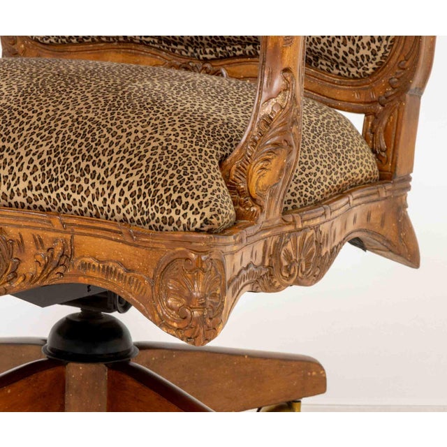 Wood Louis XV Style Leopard Print Walnut Swivel Chair For Sale - Image 7 of 9