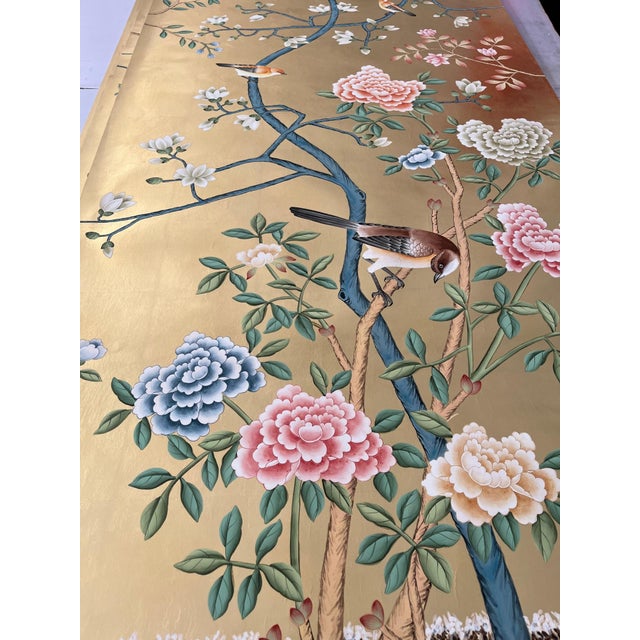Gold Leaf Chinoiserie Hand-Painted Bird & Floral Wall Panels (Set of 2) For Sale - Image 4 of 6