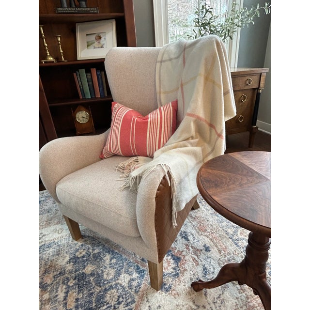 Lillian August Style Wingback Chairs, Pair – Oatmeal Beige Mistral Upholstery, Diamond-Stitched Faux Leather, Nailhead Trim For Sale - Image 9 of 11