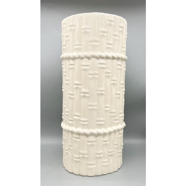 Vintage White Faux Bamboo Ceramic Umbrella Stand or Walking Stick Holder – Hollywood Regency / Coastal For Sale In Houston - Image 6 of 12