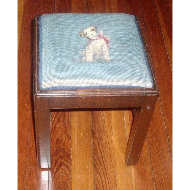 Vintage Georgian Mahogany with Blue Dog Terrier Needlepoint Cover Square Stool For Sale - Image 4 of 11