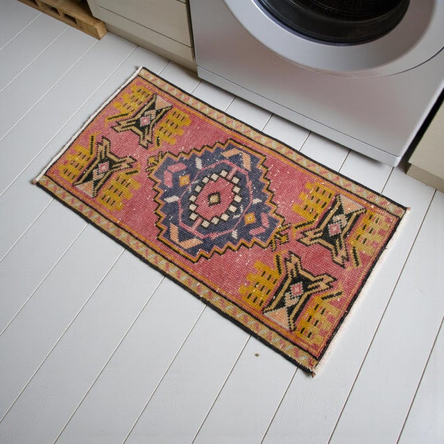 Hollywood Regency Hand Knotted Small Turkish Rug Door Mat, Entryway Rug, Bath Mat, Kitchen Decor - 1′4″ × 2′6″ For Sale - Image 3 of 13