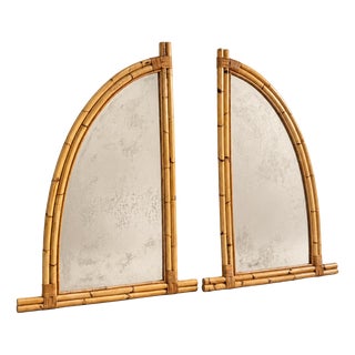 Large Italian Bamboo and Rattan Asymmetrical Arch Mirrors, 1970s, Set of 2 For Sale