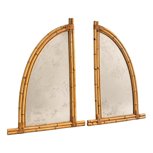 Large Italian Bamboo and Rattan Asymmetrical Arch Mirrors, 1970s, Set of 2 For Sale
