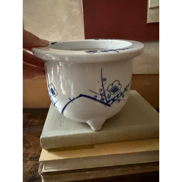Japanese Vintage Blue and White Cherry Blossom Planter on Three Feet For Sale - Image 3 of 7