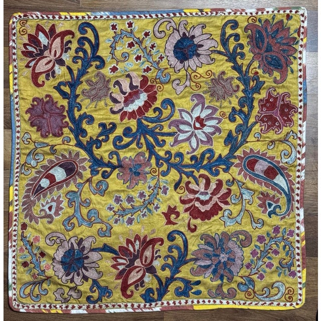 27” Uzbekistan Suzani Floral & Paisley Embroidered Silk Textile With Cotton Ikat Reverse For Sale - Image 11 of 12