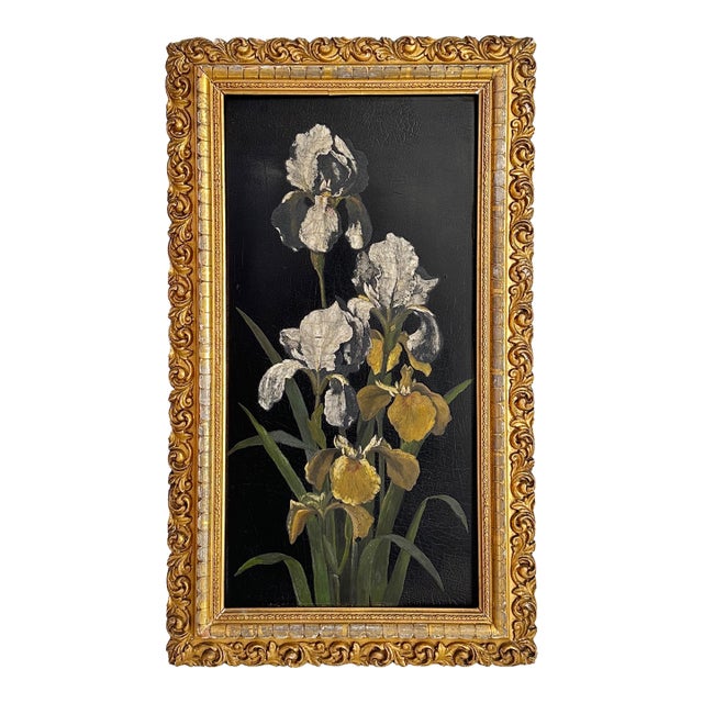 Mid 20th Century Original Oil on Wood Board Iris Framed Painting For Sale