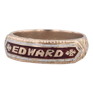 Antique Name Cigar Band Style Ring 10k Yellow Gold Enamel Size 8.75 Edward For Sale