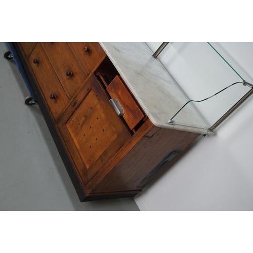 Brown Large Antique Art Deco German Oak & Marble Chocolate Shop Counter, 1920s For Sale - Image 8 of 18