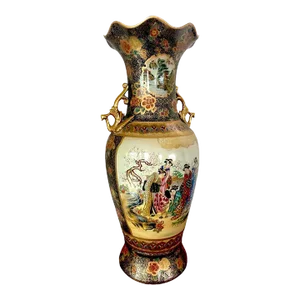 Signed Tall Vintage Mid Century Gilded Satsuma Hand Painted Porcelain Temple Vase Signed