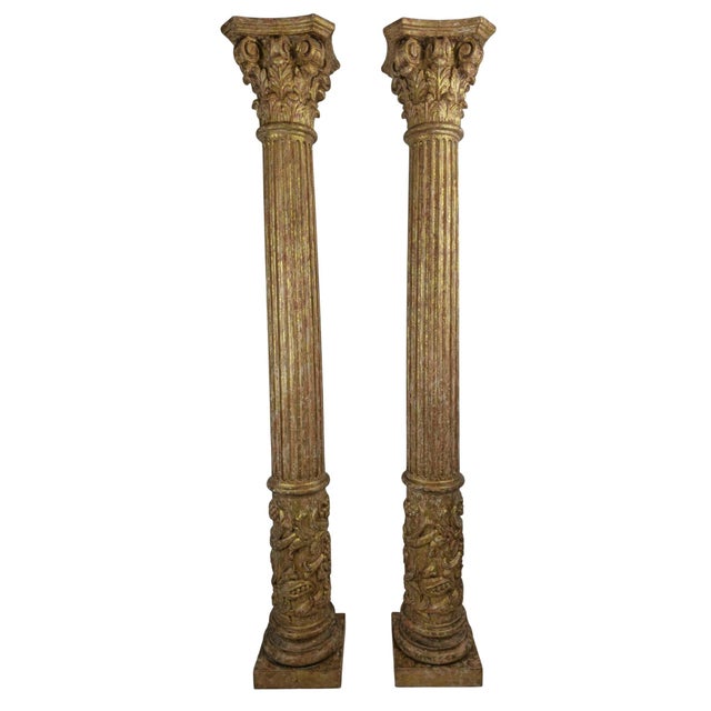 Carved and Gilded Wooden Columns with Figural Bases, 1920, Set of 2 For Sale - Image 3 of 10